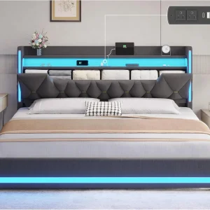LED King Bed Frame with Charging Station