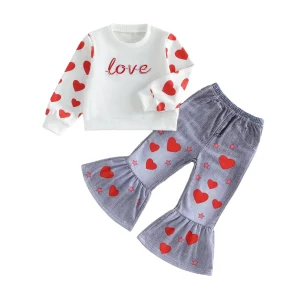 Adorable Valentine s Day  Heart Print Top and Stylish Faux Denim Bell Bottoms - 2 Piece Set