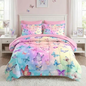 Pink Blue Butterfly 5 Pcs Twin Size Bedding for Kids