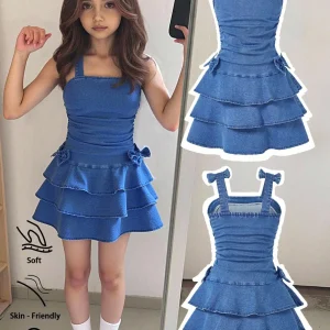 Girls Denim Tiered Ruffle Dress with Bowknot Straps