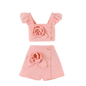 Flutter Sleeve Square Neck Top with 3D Floral Detailing and Matching A-Line Skirt - 2 Piece