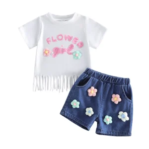 2-Piece Set with Embroidered Top and Denim Shorts