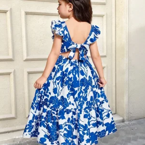 Girls Floral Print Ruffle Sleeve Maxi Dress